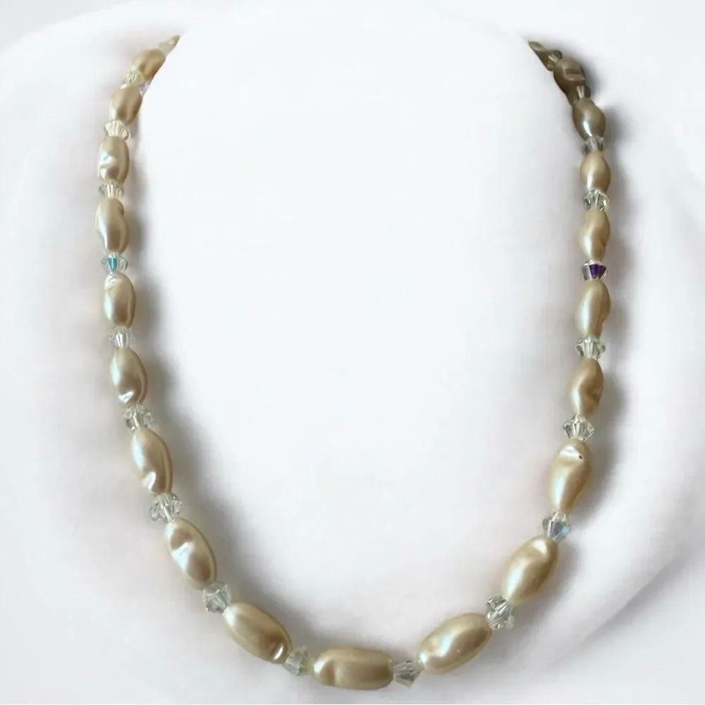 Vintage Faux Pearl & Crystal Bead Necklace with Gold Filigree Clasp
